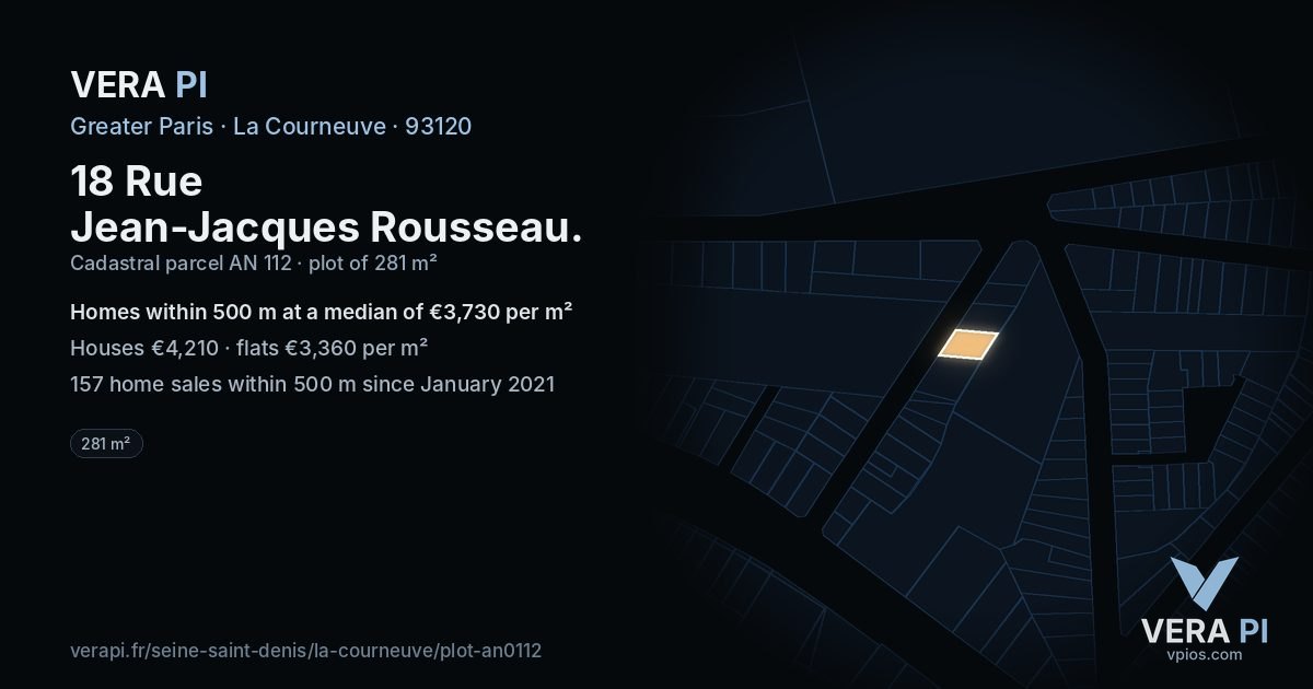 18 Rue Jean-Jacques Rousseau, La Courneuve at night – the plot lit, the parcels around coloured by the prices near them