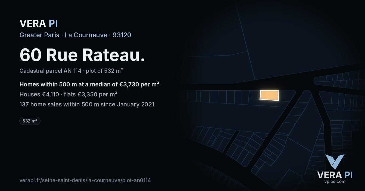 60 Rue Rateau, La Courneuve at night – the plot lit, the parcels around coloured by the prices near them