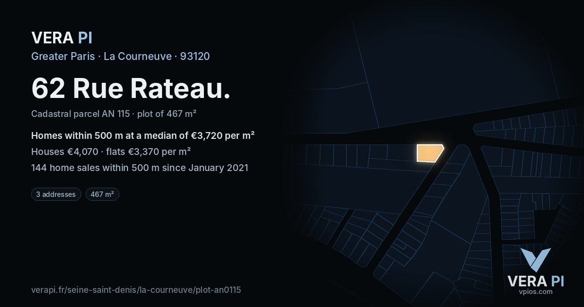 62 Rue Rateau, La Courneuve at night – the plot lit, the parcels around coloured by the prices near them