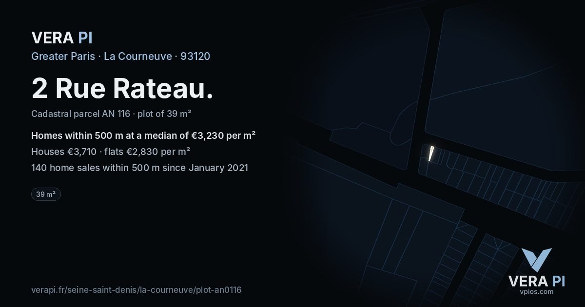 2 Rue Rateau, La Courneuve at night – the plot lit, the parcels around coloured by the prices near them