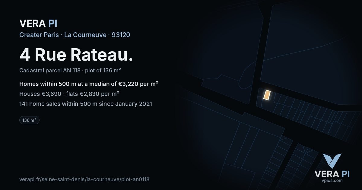 4 Rue Rateau, La Courneuve at night – the plot lit, the parcels around coloured by the prices near them