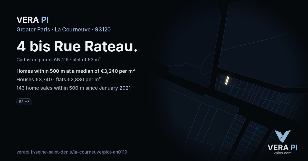 4 bis Rue Rateau, La Courneuve at night – the plot lit, the parcels around coloured by the prices near them