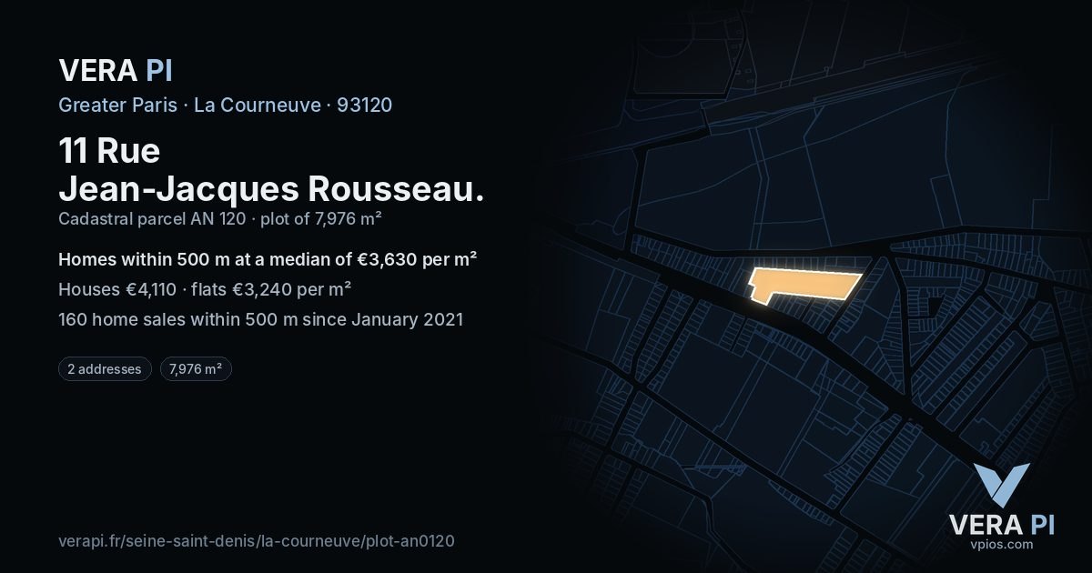 11 Rue Jean-Jacques Rousseau, La Courneuve at night – the plot lit, the parcels around coloured by the prices near them