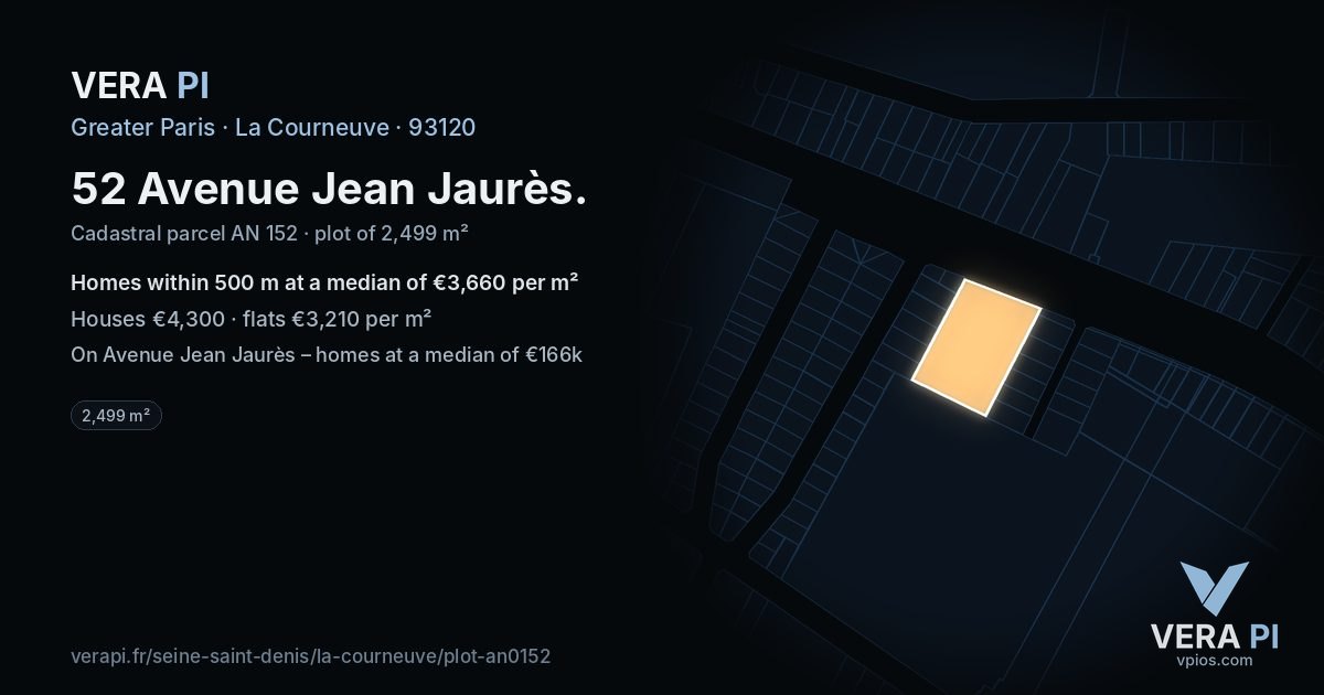 52 Avenue Jean Jaurès, La Courneuve at night – the plot lit, the parcels around coloured by the prices near them