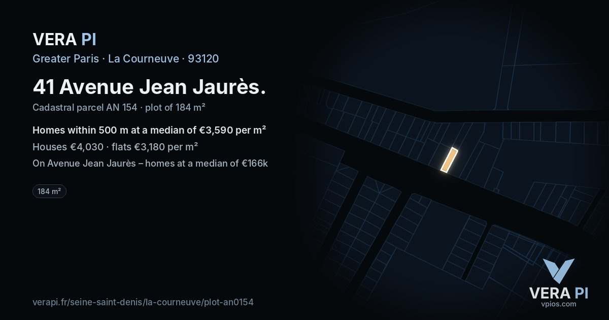 41 Avenue Jean Jaurès, La Courneuve at night – the plot lit, the parcels around coloured by the prices near them