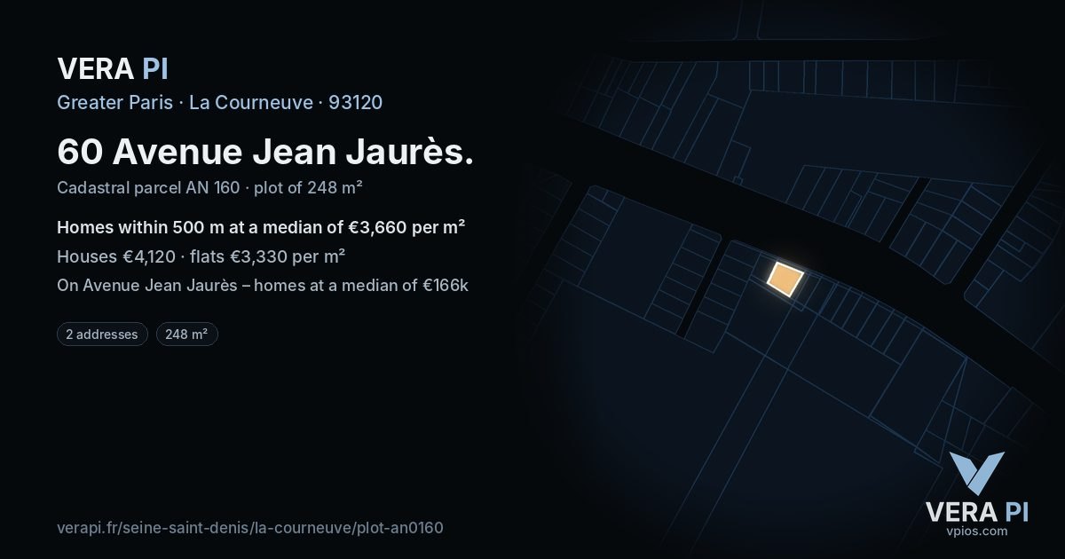 60 Avenue Jean Jaurès, La Courneuve at night – the plot lit, the parcels around coloured by the prices near them