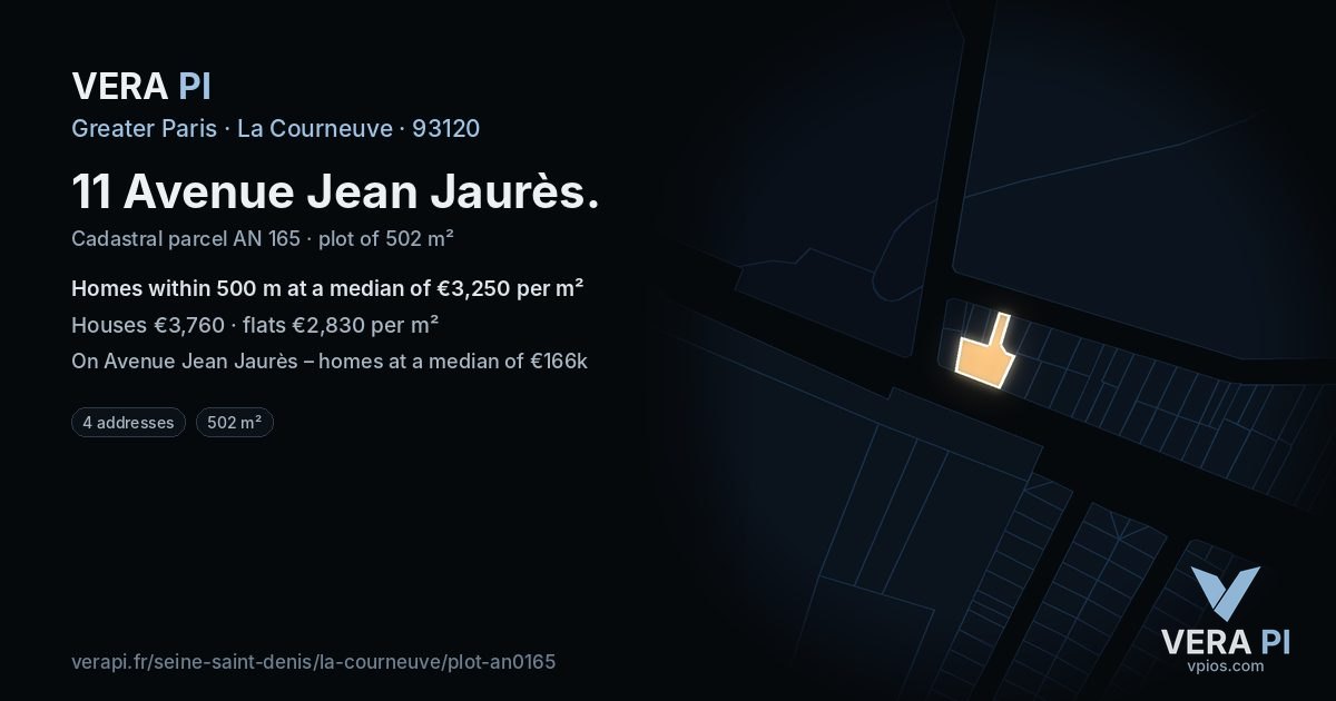 11 Avenue Jean Jaurès, La Courneuve at night – the plot lit, the parcels around coloured by the prices near them