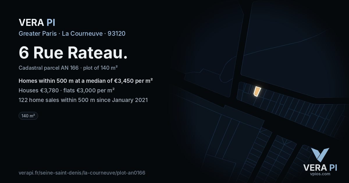 6 Rue Rateau, La Courneuve at night – the plot lit, the parcels around coloured by the prices near them