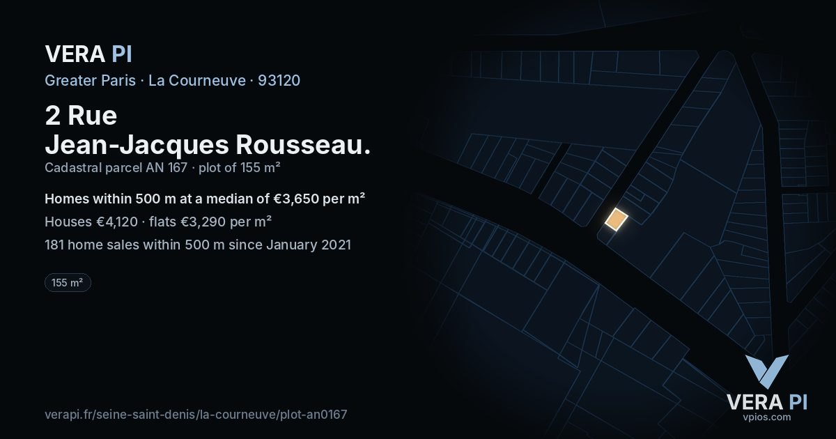 2 Rue Jean-Jacques Rousseau, La Courneuve at night – the plot lit, the parcels around coloured by the prices near them