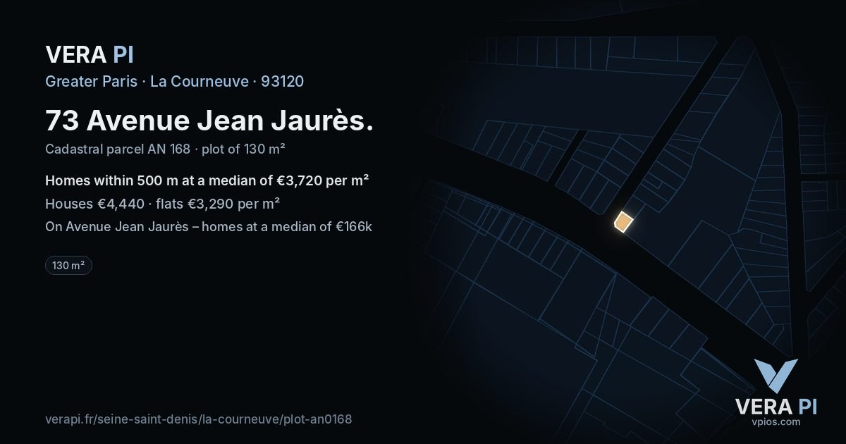73 Avenue Jean Jaurès, La Courneuve at night – the plot lit, the parcels around coloured by the prices near them