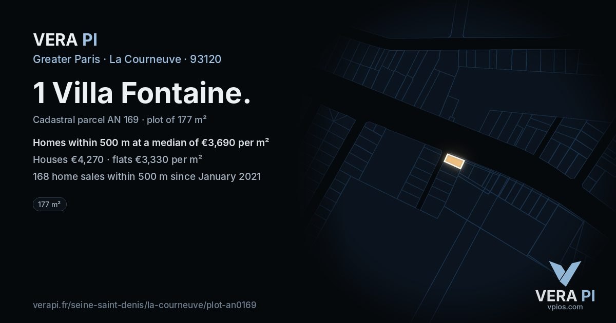 1 Villa Fontaine, La Courneuve at night – the plot lit, the parcels around coloured by the prices near them