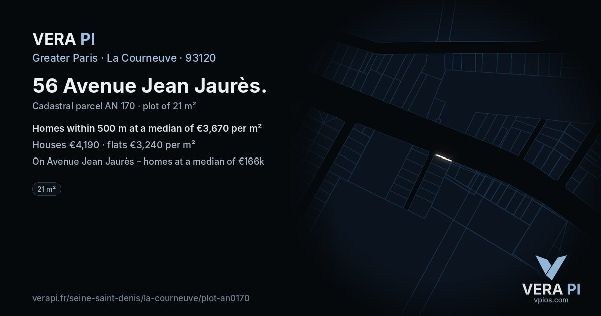 56 Avenue Jean Jaurès, La Courneuve at night – the plot lit, the parcels around coloured by the prices near them