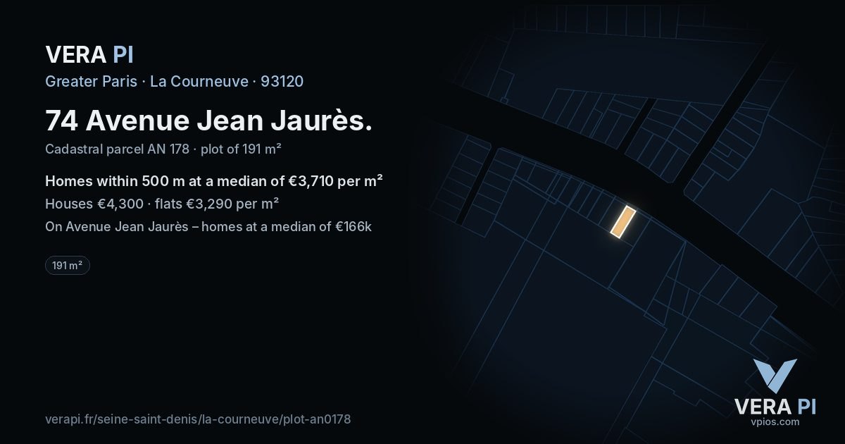 74 Avenue Jean Jaurès, La Courneuve at night – the plot lit, the parcels around coloured by the prices near them