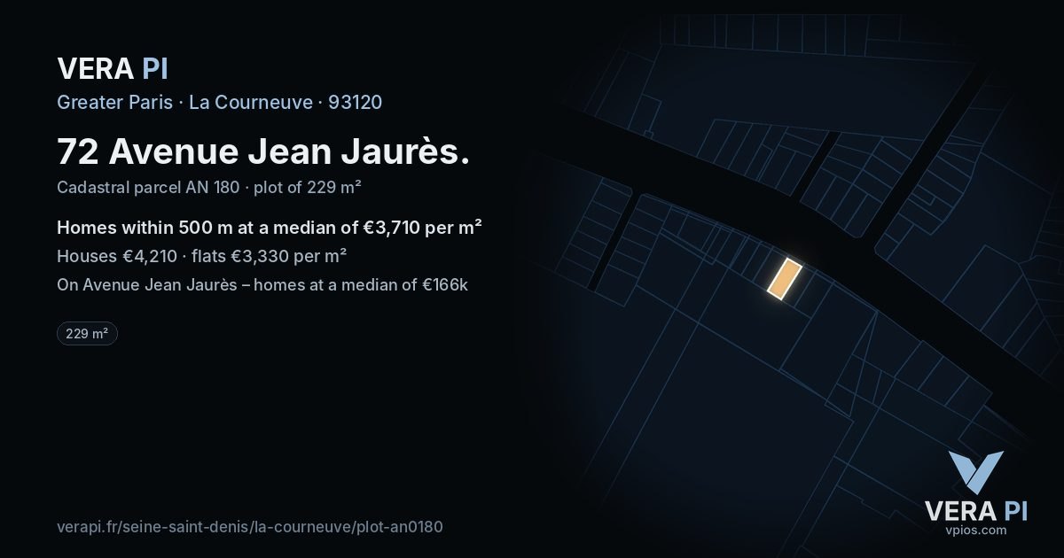 72 Avenue Jean Jaurès, La Courneuve at night – the plot lit, the parcels around coloured by the prices near them