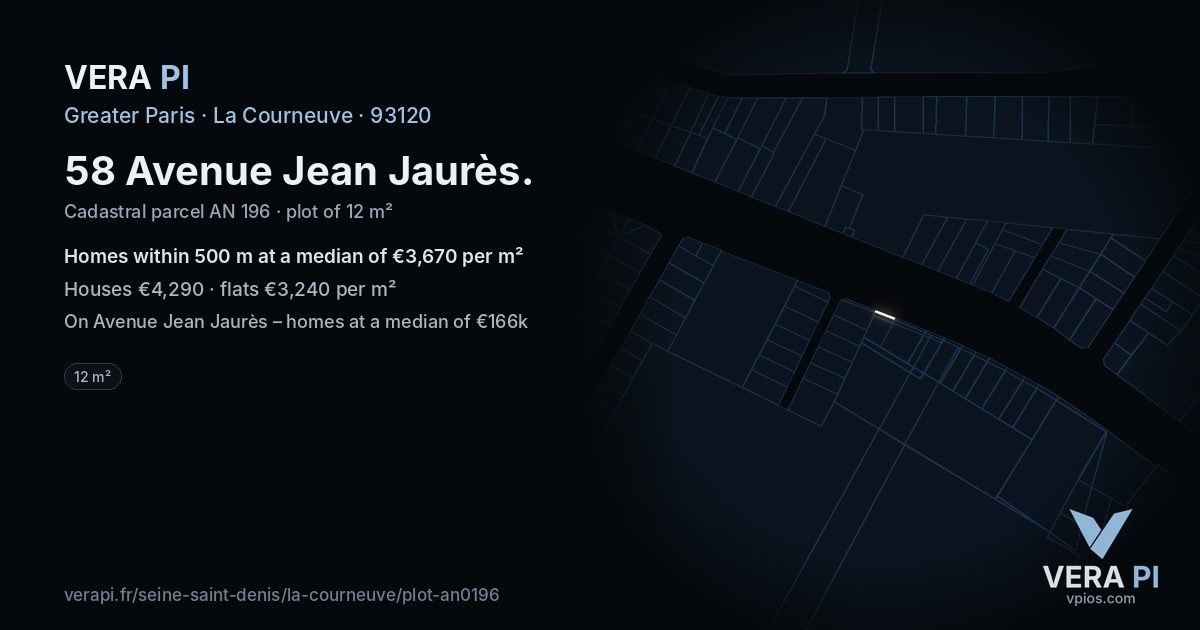 58 Avenue Jean Jaurès, La Courneuve at night – the plot lit, the parcels around coloured by the prices near them