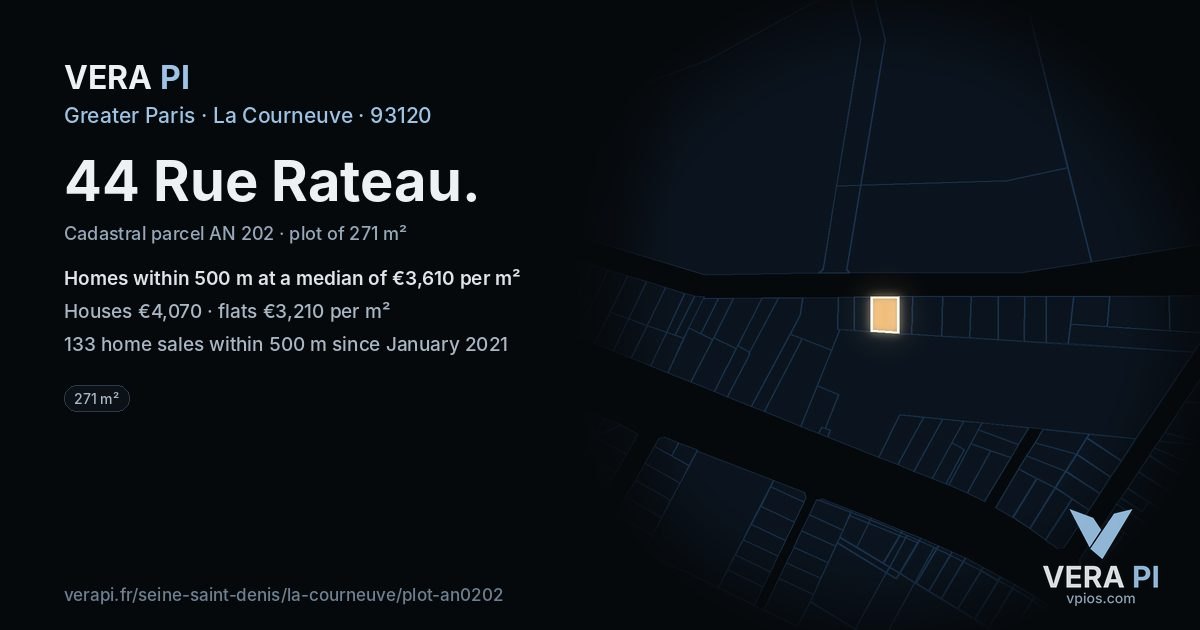 44 Rue Rateau, La Courneuve at night – the plot lit, the parcels around coloured by the prices near them