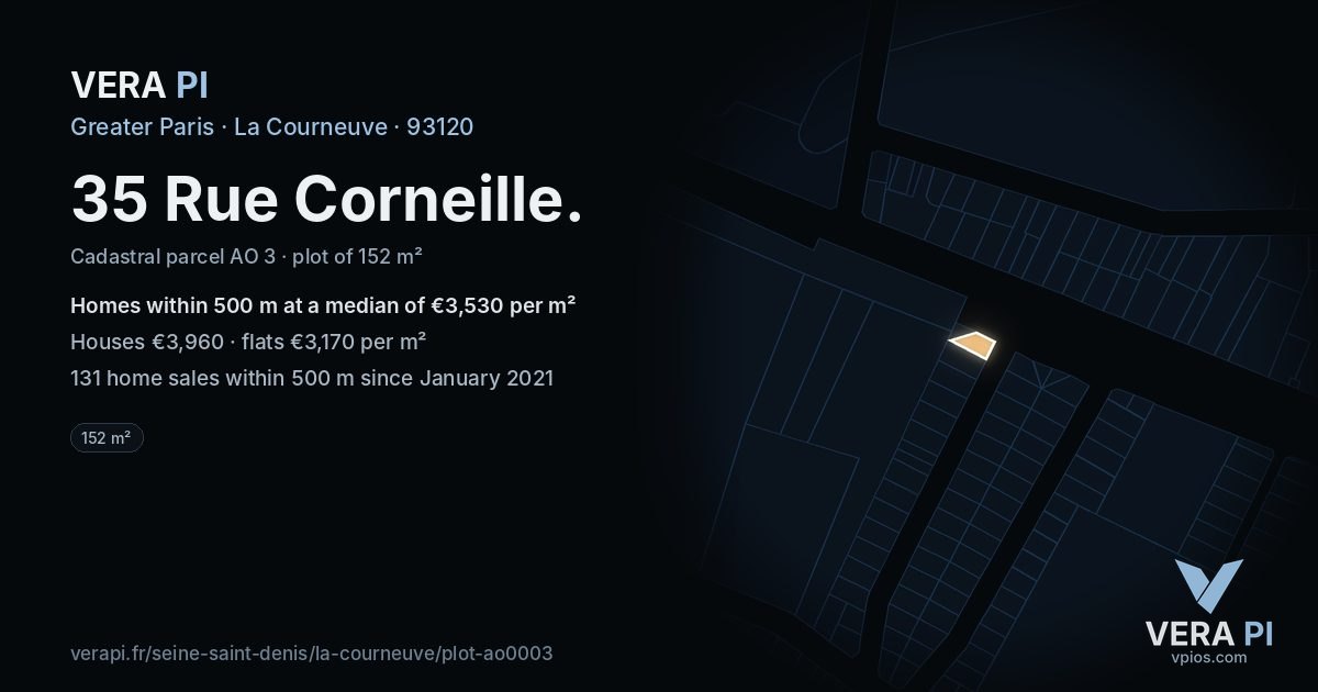 35 Rue Corneille, La Courneuve at night – the plot lit, the parcels around coloured by the prices near them