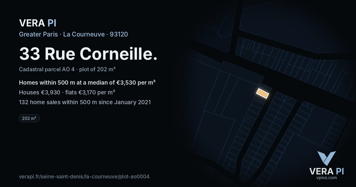 33 Rue Corneille, La Courneuve at night – the plot lit, the parcels around coloured by the prices near them