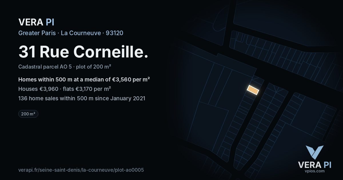 31 Rue Corneille, La Courneuve at night – the plot lit, the parcels around coloured by the prices near them