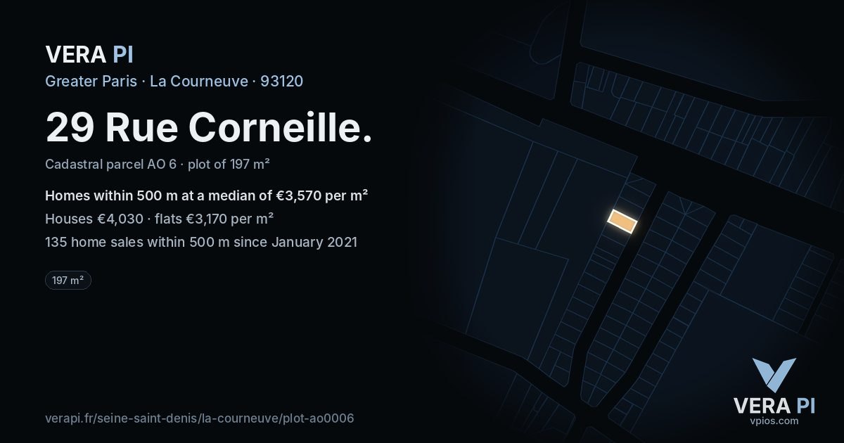 29 Rue Corneille, La Courneuve at night – the plot lit, the parcels around coloured by the prices near them