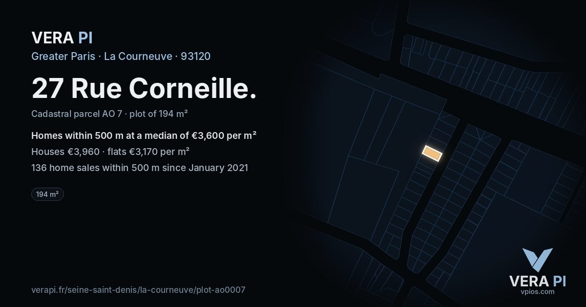 27 Rue Corneille, La Courneuve at night – the plot lit, the parcels around coloured by the prices near them