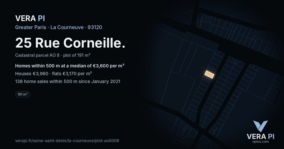 25 Rue Corneille, La Courneuve at night – the plot lit, the parcels around coloured by the prices near them