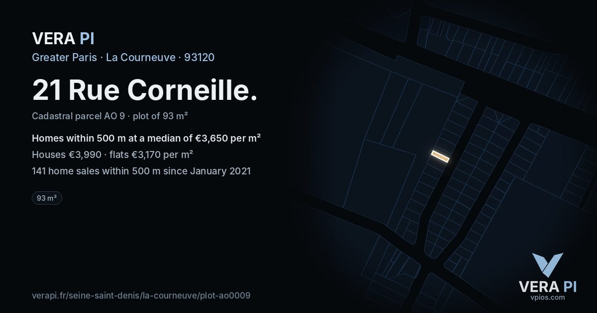 21 Rue Corneille, La Courneuve at night – the plot lit, the parcels around coloured by the prices near them