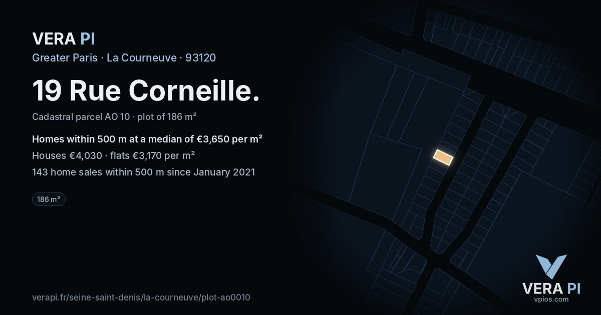 19 Rue Corneille, La Courneuve at night – the plot lit, the parcels around coloured by the prices near them