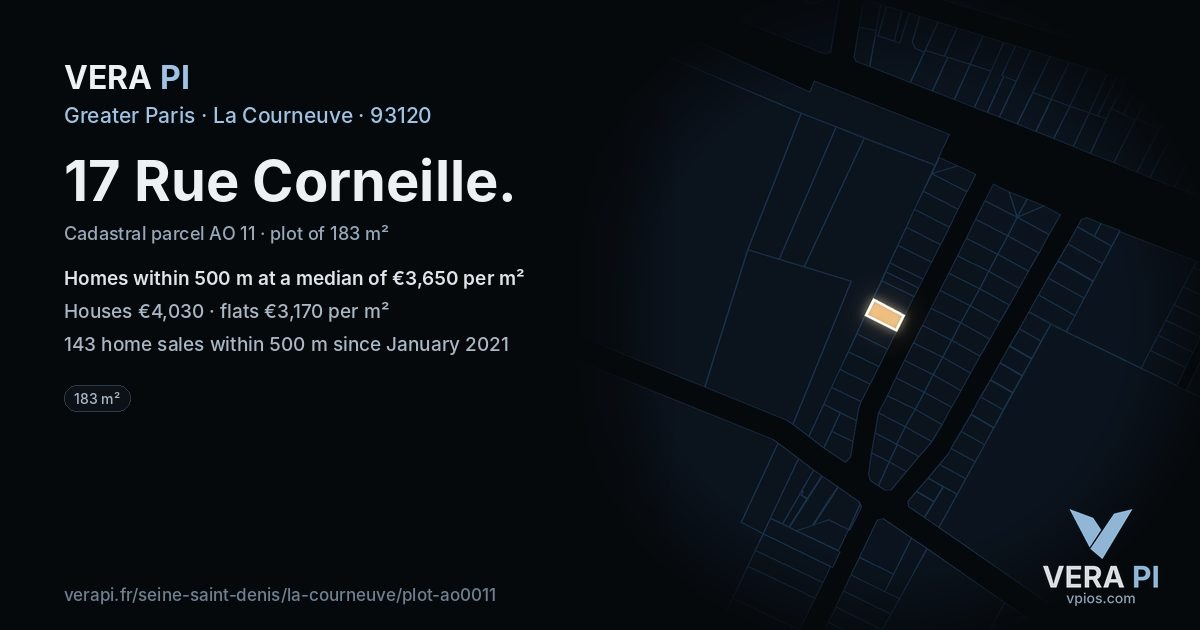 17 Rue Corneille, La Courneuve at night – the plot lit, the parcels around coloured by the prices near them