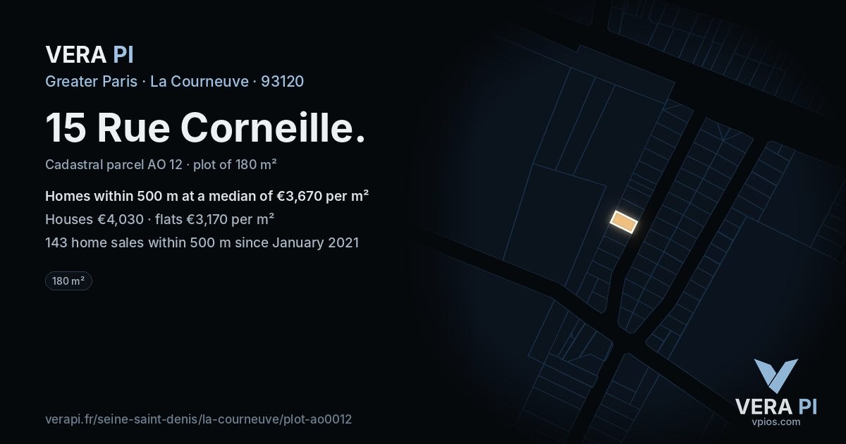 15 Rue Corneille, La Courneuve at night – the plot lit, the parcels around coloured by the prices near them