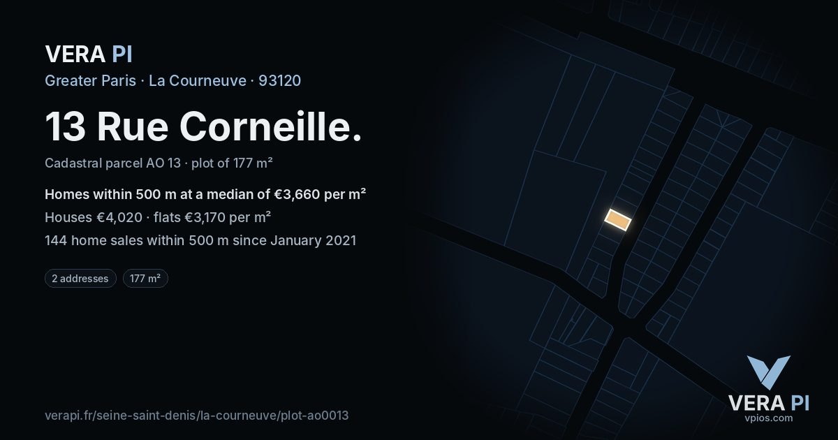13 Rue Corneille, La Courneuve at night – the plot lit, the parcels around coloured by the prices near them