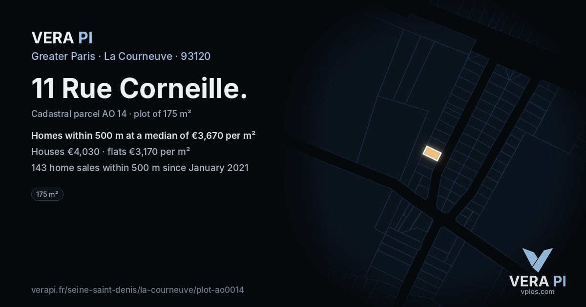 11 Rue Corneille, La Courneuve at night – the plot lit, the parcels around coloured by the prices near them