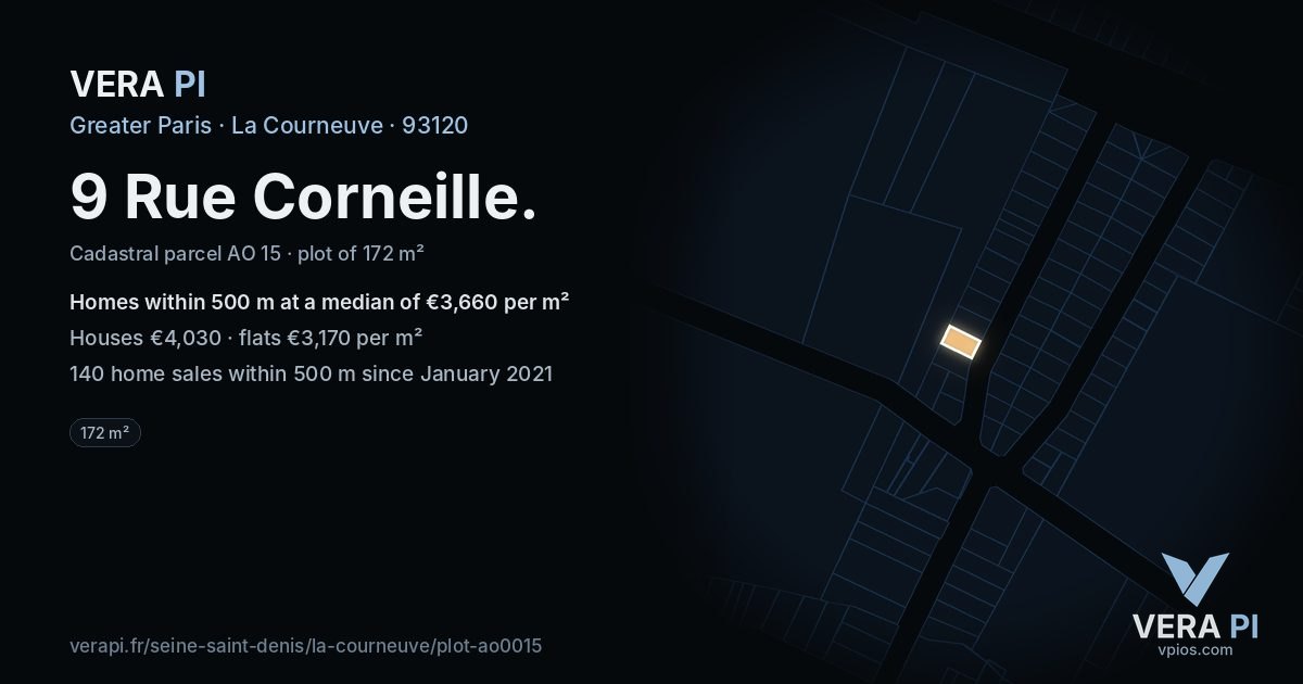 9 Rue Corneille, La Courneuve at night – the plot lit, the parcels around coloured by the prices near them