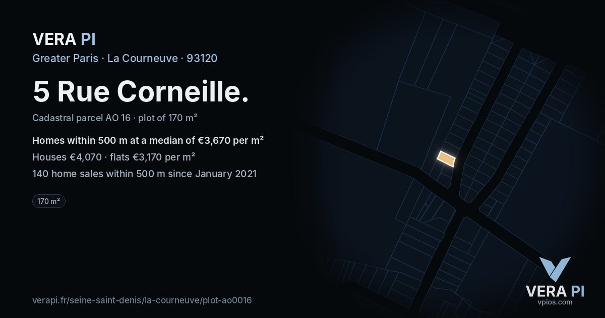 5 Rue Corneille, La Courneuve at night – the plot lit, the parcels around coloured by the prices near them