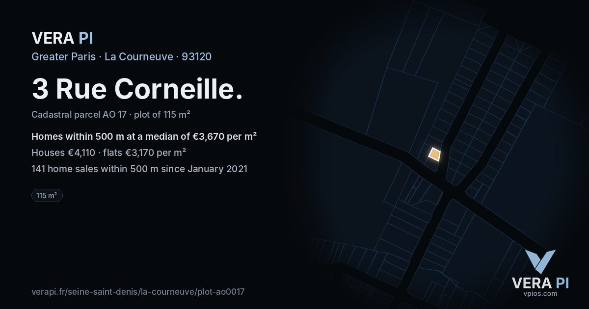 3 Rue Corneille, La Courneuve at night – the plot lit, the parcels around coloured by the prices near them