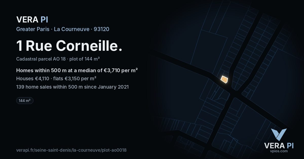 1 Rue Corneille, La Courneuve at night – the plot lit, the parcels around coloured by the prices near them
