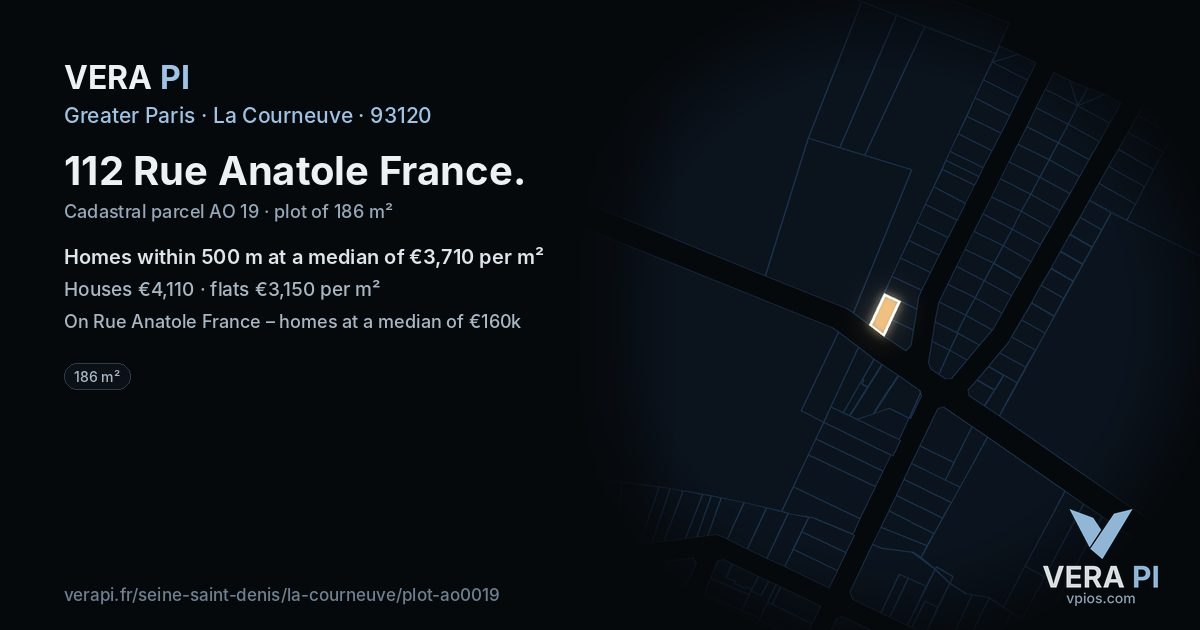 112 Rue Anatole France, La Courneuve at night – the plot lit, the parcels around coloured by the prices near them