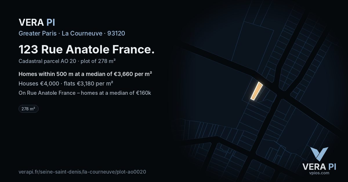 123 Rue Anatole France, La Courneuve at night – the plot lit, the parcels around coloured by the prices near them