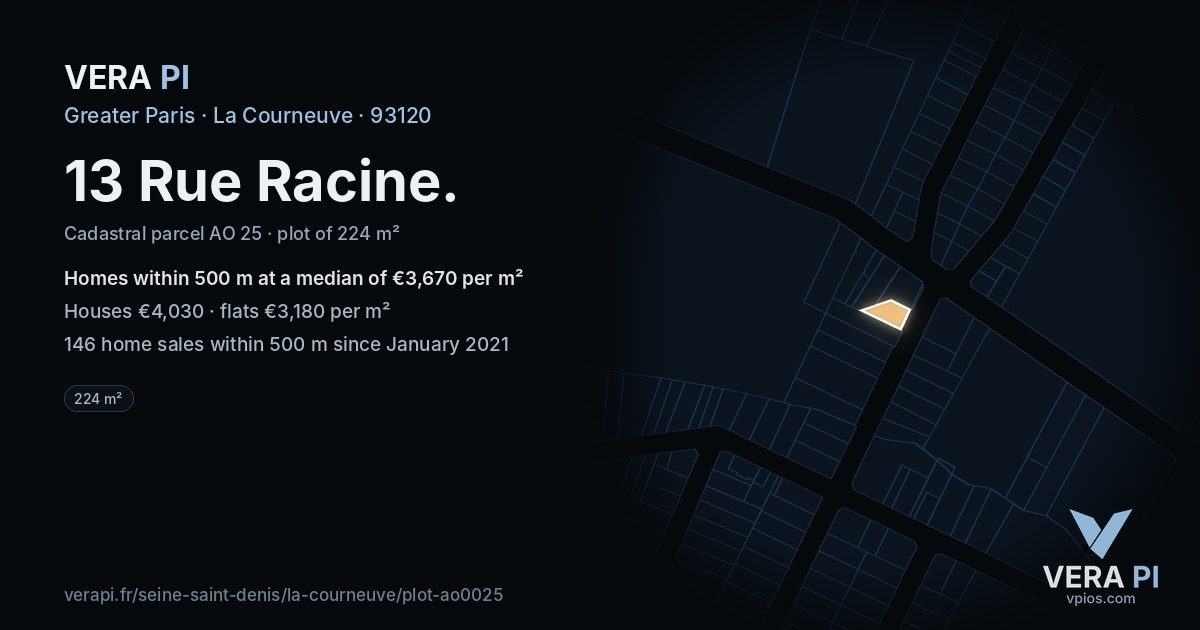 13 Rue Racine, La Courneuve at night – the plot lit, the parcels around coloured by the prices near them
