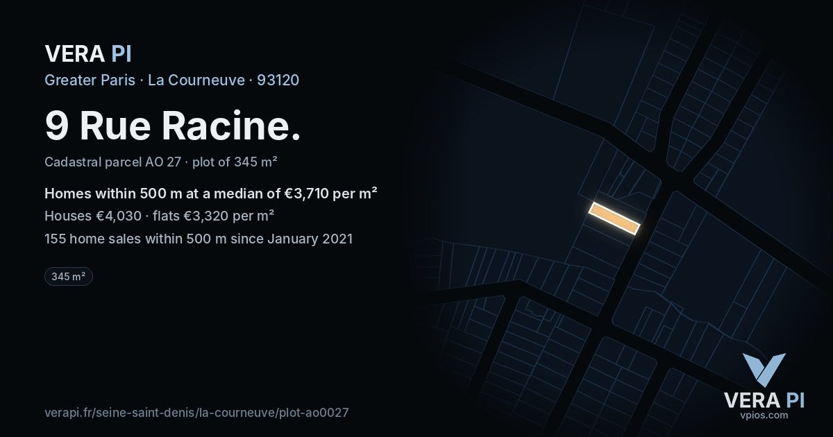 9 Rue Racine, La Courneuve at night – the plot lit, the parcels around coloured by the prices near them