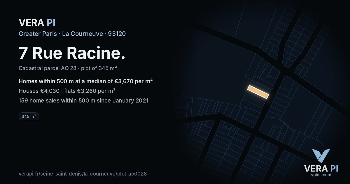 7 Rue Racine, La Courneuve at night – the plot lit, the parcels around coloured by the prices near them