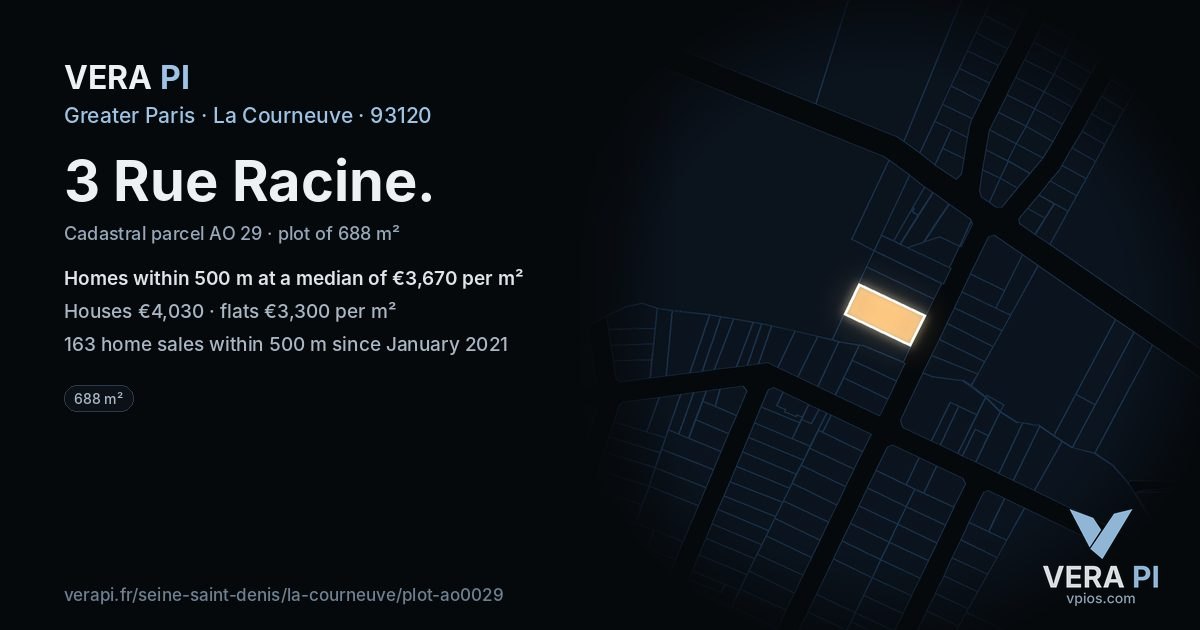 3 Rue Racine, La Courneuve at night – the plot lit, the parcels around coloured by the prices near them