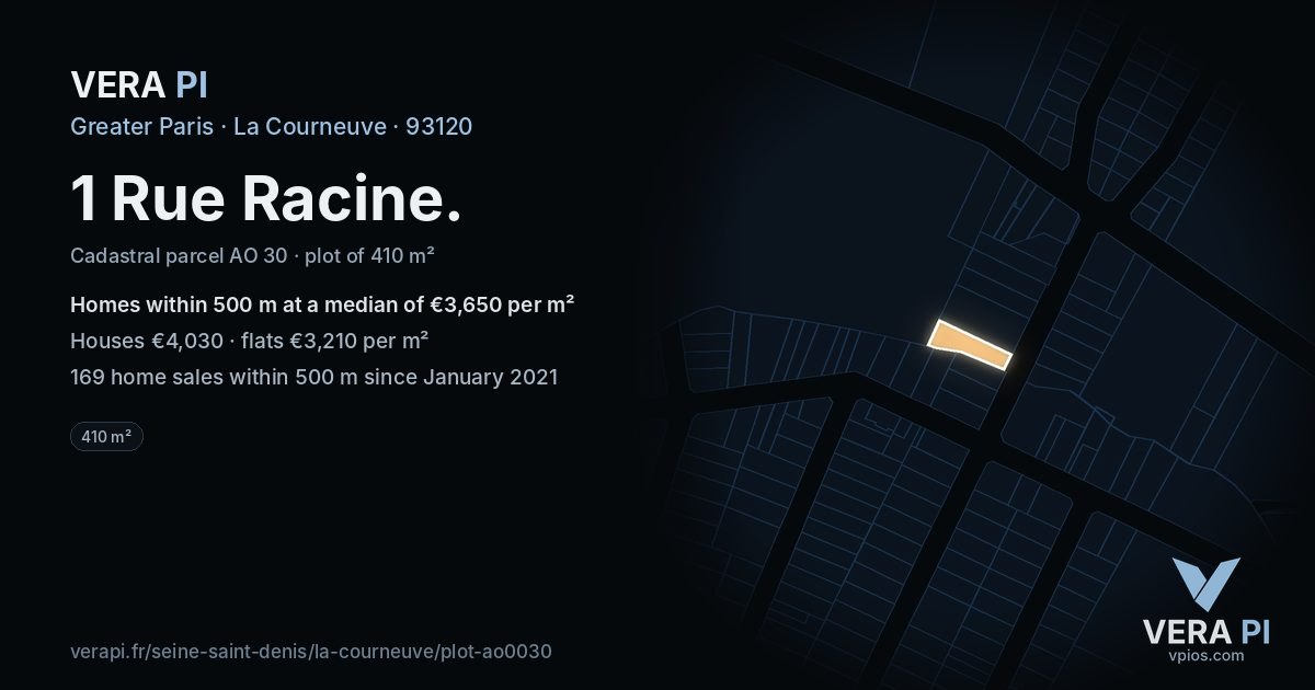 1 Rue Racine, La Courneuve at night – the plot lit, the parcels around coloured by the prices near them