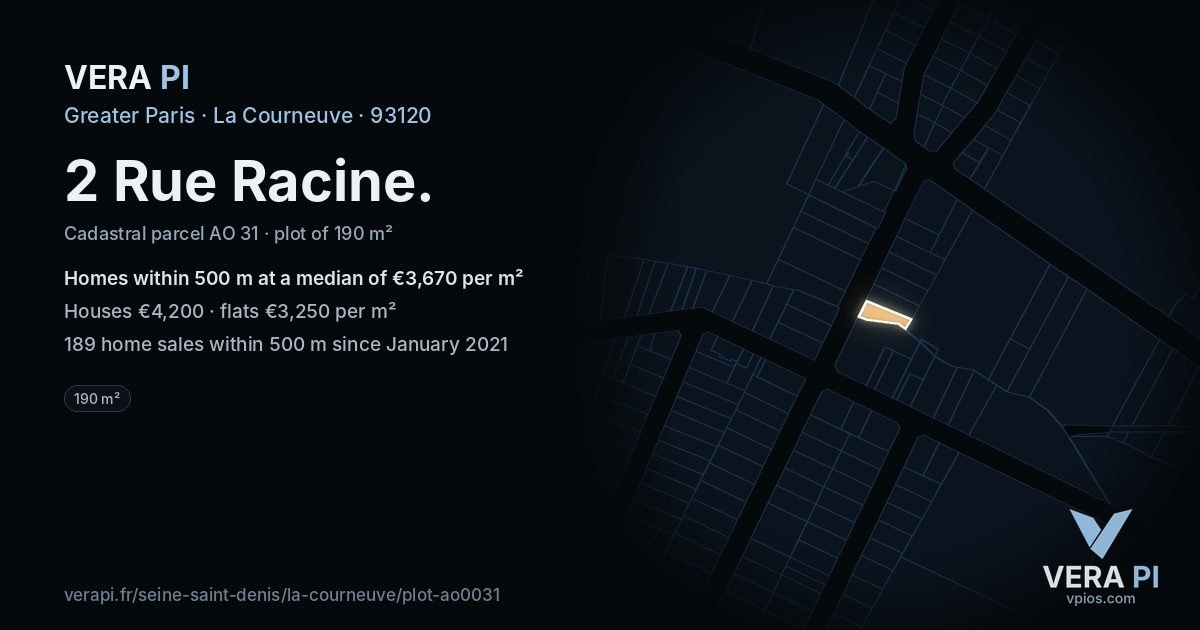 2 Rue Racine, La Courneuve at night – the plot lit, the parcels around coloured by the prices near them