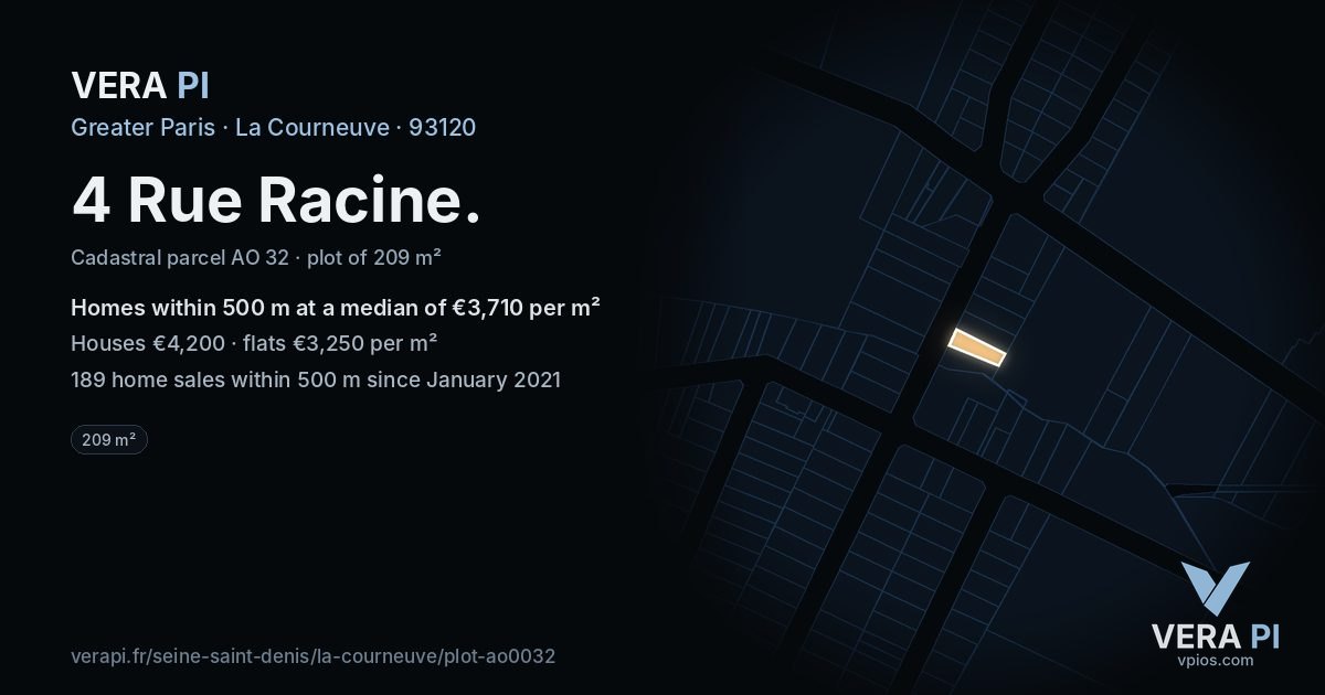 4 Rue Racine, La Courneuve at night – the plot lit, the parcels around coloured by the prices near them