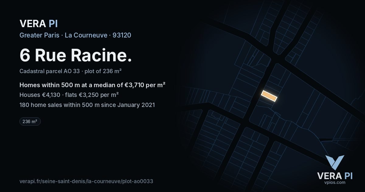 6 Rue Racine, La Courneuve at night – the plot lit, the parcels around coloured by the prices near them