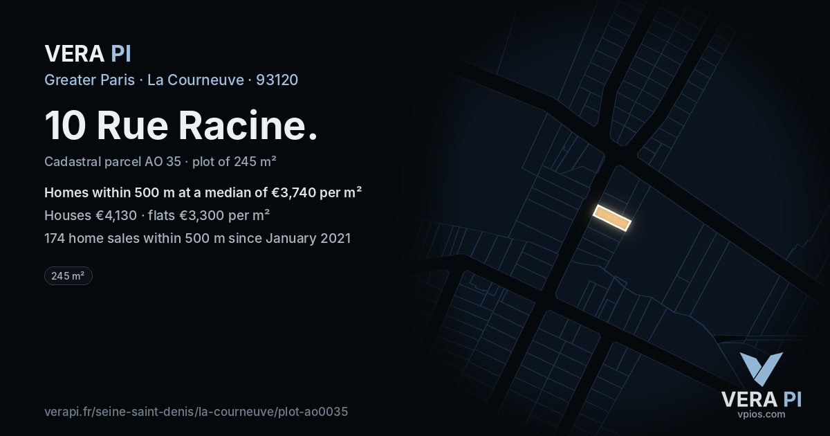 10 Rue Racine, La Courneuve at night – the plot lit, the parcels around coloured by the prices near them