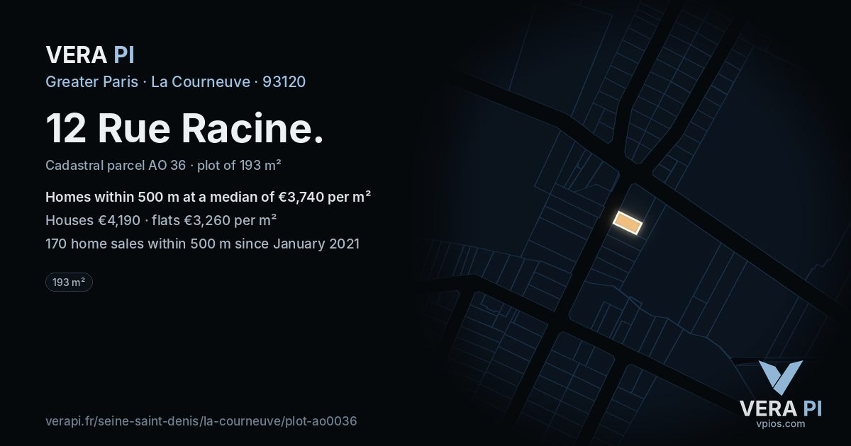 12 Rue Racine, La Courneuve at night – the plot lit, the parcels around coloured by the prices near them