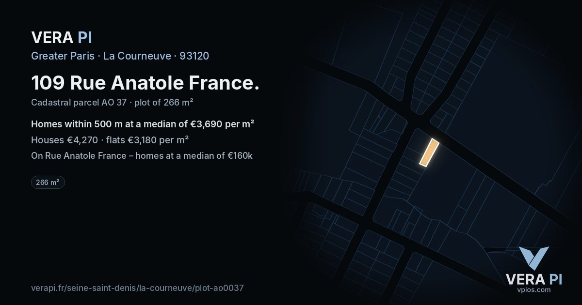 109 Rue Anatole France, La Courneuve at night – the plot lit, the parcels around coloured by the prices near them