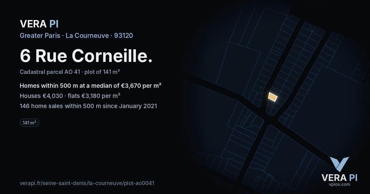 6 Rue Corneille, La Courneuve at night – the plot lit, the parcels around coloured by the prices near them